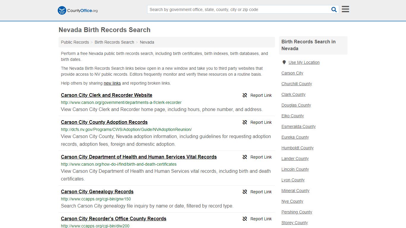 Nevada Birth Records Search - County Office